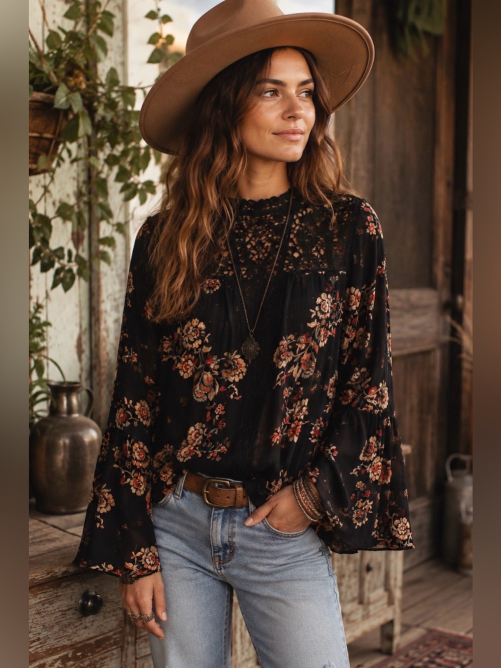 Angie Black Floral Crochet Lace Bell Sleeve Boho Blouse